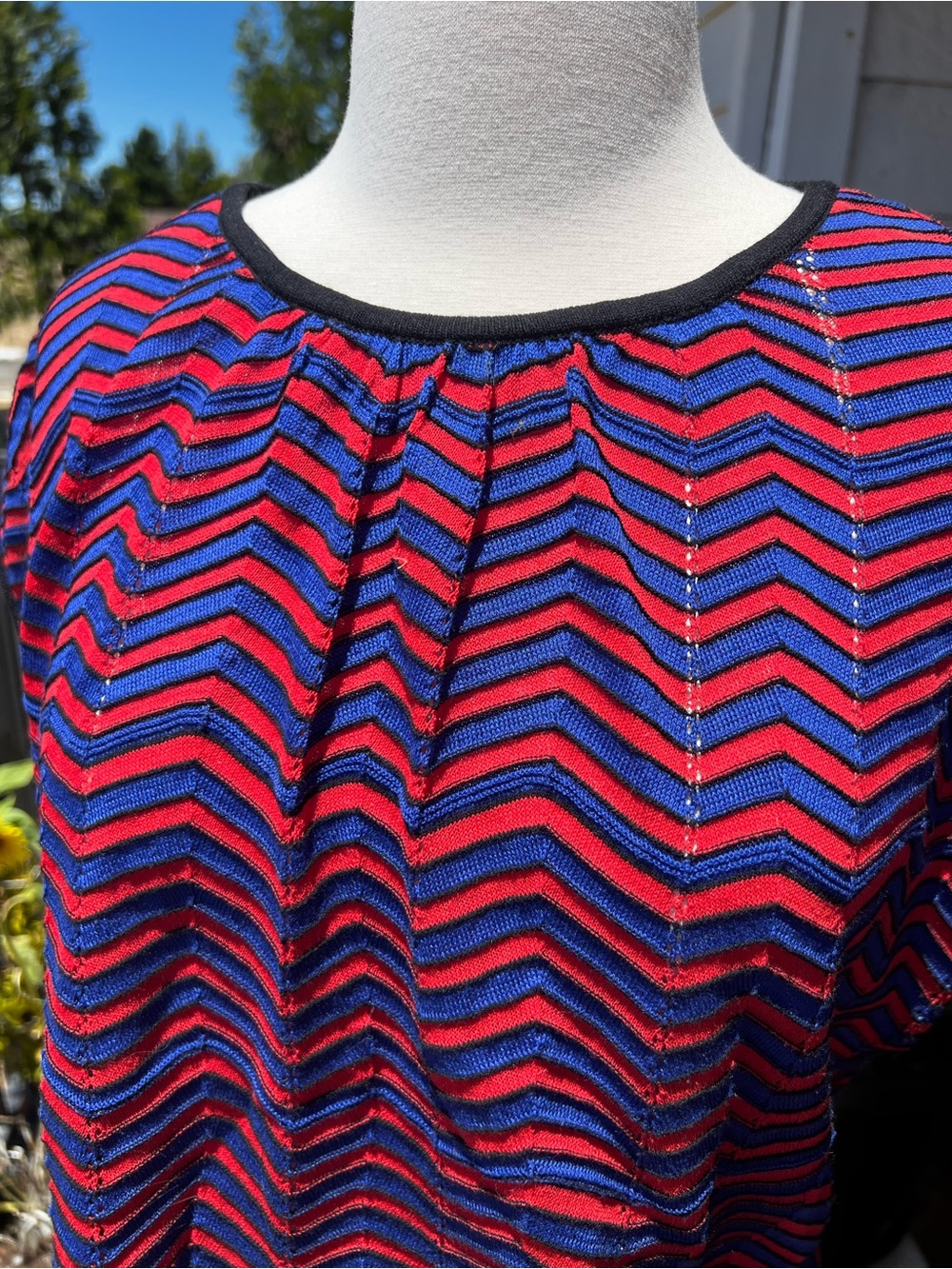 M MISSONI Italy Red Blue Wave Stripe Knit Tunic Top Cap Sleeve EU 46, US 10